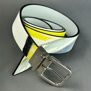 Calvin Klein Leather 1.25" White Yellow Graphic Belt Size L Silver Tone Buckle